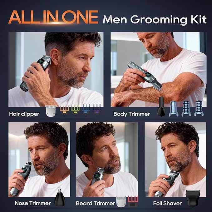 Beard Trimmer for Men, Magnetic Snap-on Replacement Heads & Charging Dock, IPX7 Waterproof Cordless Hair Clippers, Mens Grooming Kits for Mustache/Body/Face/Ear/Nose, Blue
