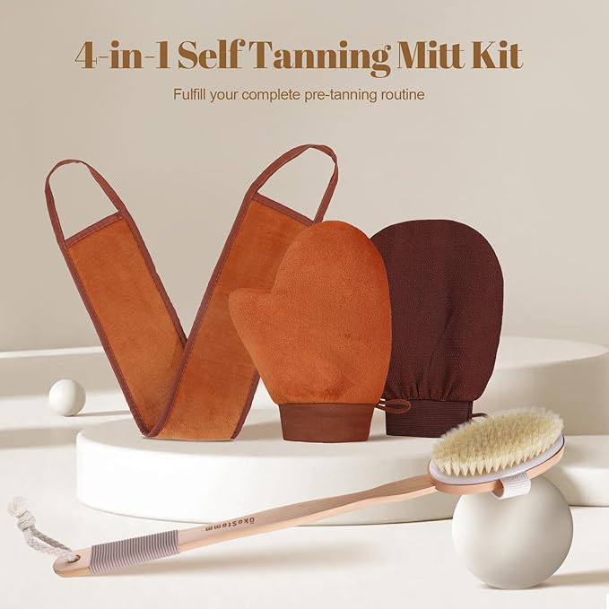 ÖkoStamm 4-in-1 Self Tanner Applicator Kit - Self Tanning Mitt with Long Handle Body Brush for Back Exfoliating and Streak-free Self Tan