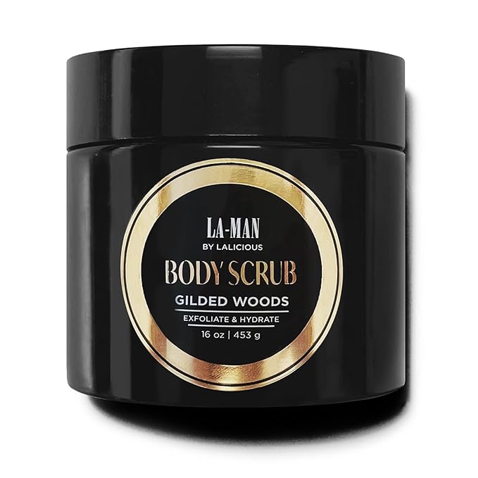 LALICIOUS Gilded Woods LA-MAN Body Scrub | Exfoliating Sugar Scrub for Men | Body Exfoliator for Dead Skin & Optimal Hydration | Pure Cane Sugar + Coconut Oil | Large 16oz