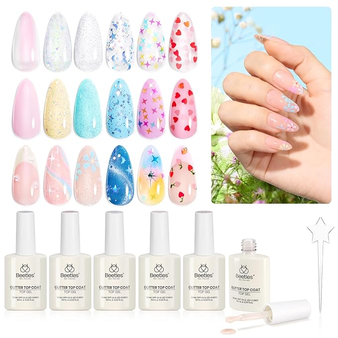 beetles Gel Polish 6Pcs Heart Star Reflective Glitter Gel Top Coat Set, Clear Pink Color Pastel Nail Polish No Wipe Top Coat Long Lasting Highly Shine Soak Off Uv Gel Art