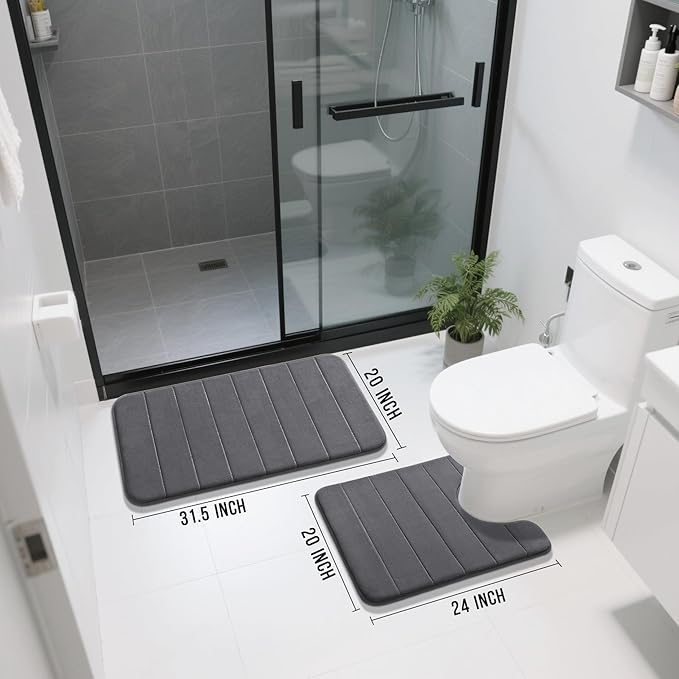 Yimobra Memory Foam Bath Mat Set 2 Piece - Super Soft Absorbent Quick Dry Bathroom Toilet Rugs, Machine Washable Non Slip Floor Carpet for Tub Shower & Single Sink (31.5x20 & 24x20, Dark Gray)