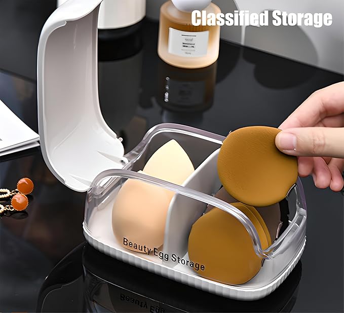 LamChyar Beauty Blender Holder, Makeup Sponge Holder with Lid, Makeup Sponge Case for Countertop (Clear Lid)