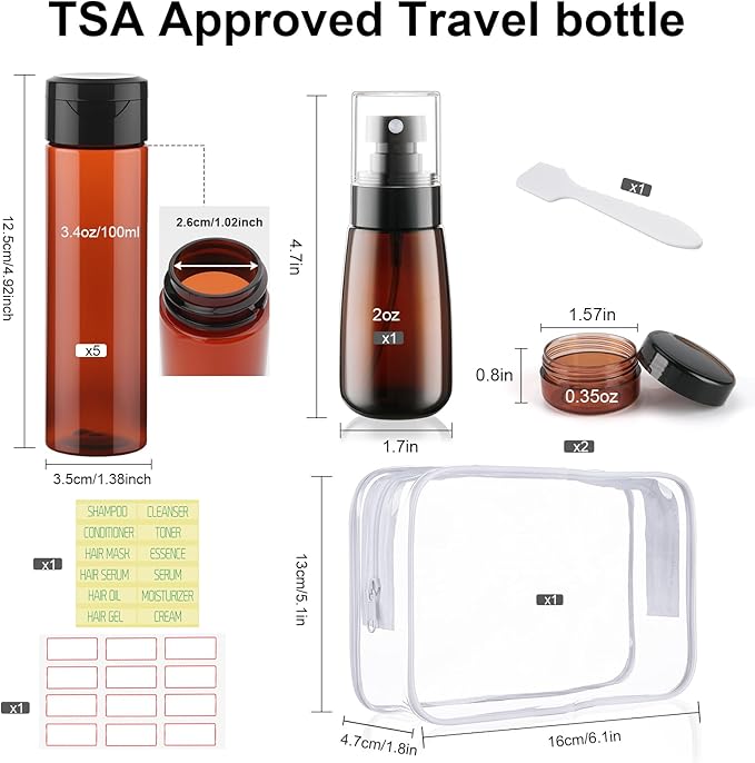 Wowang 9 PCS 3.4oz Travel Bottles for Toiletries TSA Approved Travel Size Containers Leak Proof Plastic Squeeze Bottle Small Cream Jars & Refillable Spray Bottle for Shampoo Conditioner Toner(Brown)