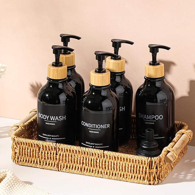 Mithrgrous Shampoo and Conditioner Dispenser Bottles,5Pack Dispenser Bottles Refillable,16.9oz Shower Containers for Conditioner,(Black) Bathroom Shampoo Dispenser Set