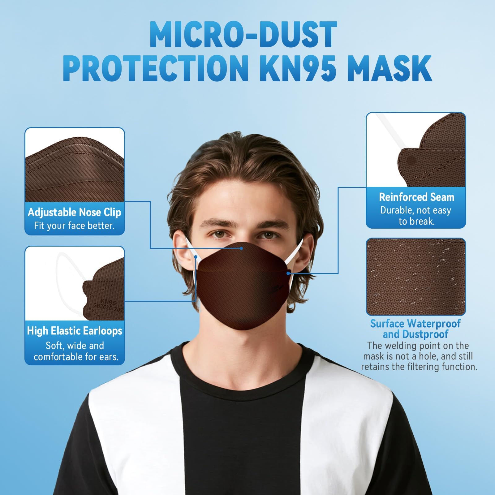 akgk KN95 Face Masks 50 Pack, 5-Ply Disposable Brown Face Mask Against PM 2.5 Smoke and Dust