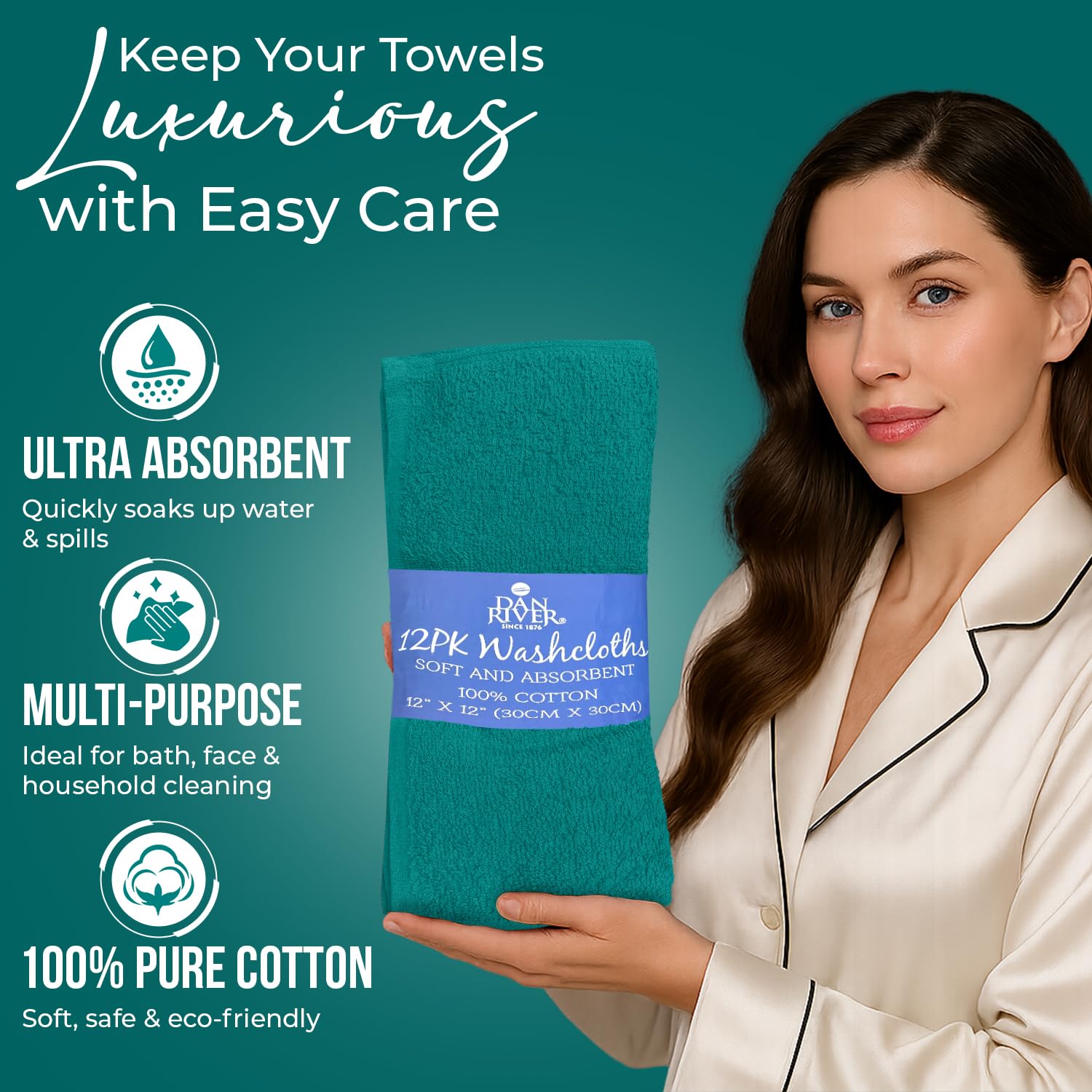 DAN RIVER 12 Pack Cotton Wash Cloths Set for Showering [12x12] Teal