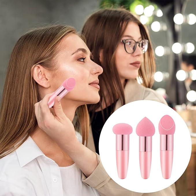 3Pcs Makeup Sponge Facial Foundation Sponge Professional Makeup Sponge with Handle Dry & Wet Use Makeup Sponges for Foundation