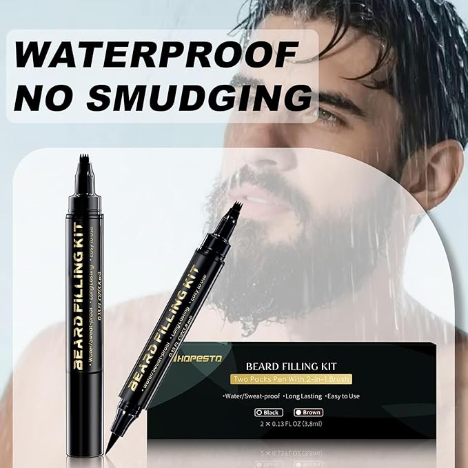 3 PCS Beard Pen Filler for Men - Black 4 Tip Pen for Natural Looking Appearance - 2 Fillers & 1 Double Head Brush - Waterproof Four Fork Eyebrow Pencil Eyeliner (Black)
