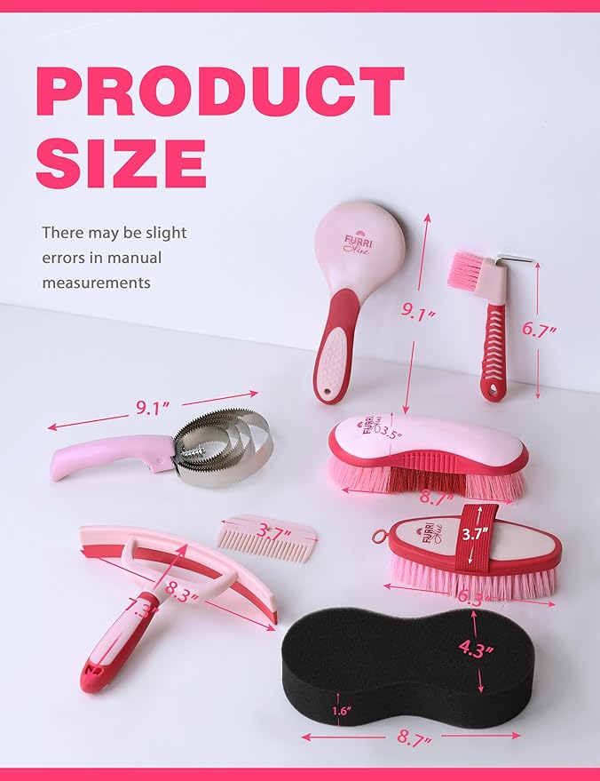 9-Piece Horse Grooming Brush Kit, Silicone Curry Comb & Grooming Brushes for Daily Care, Bathing & Shedding Pink Garnet