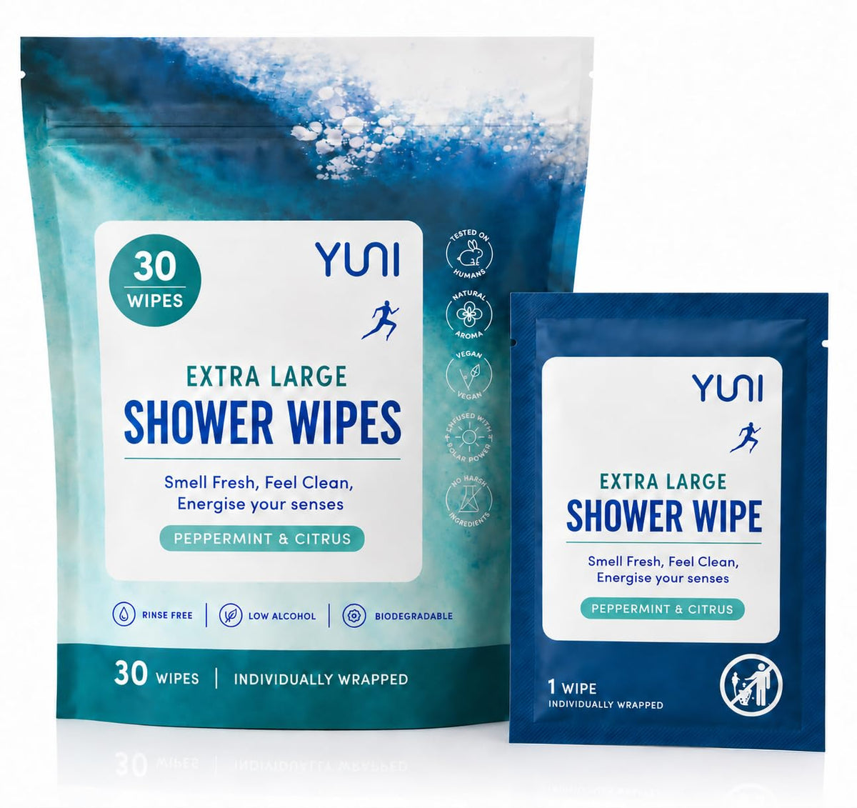 YUNI Beauty Large Body Wipes (Peppermint Citrus, 30 Count) 12 x 10 Inches