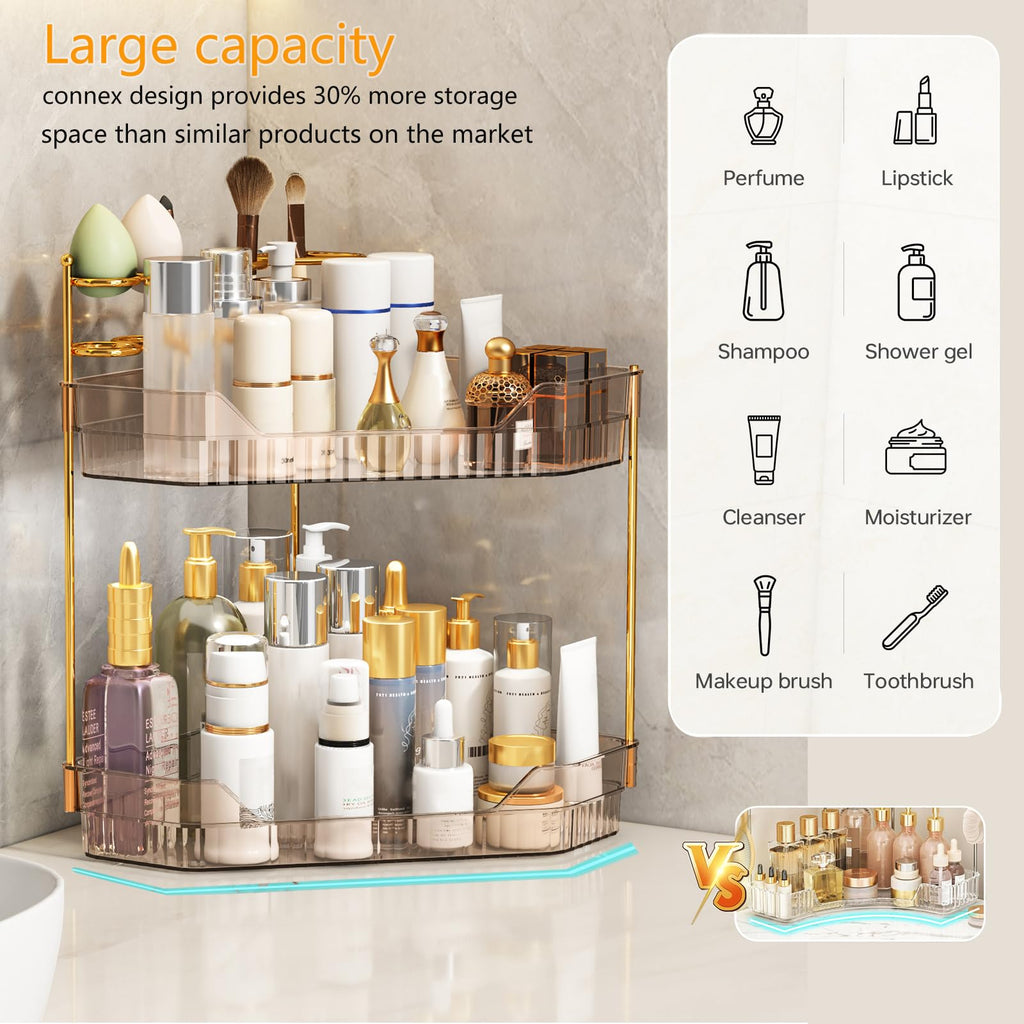 ZZWILLB Corner Bathroom Counter Organizer with Makeup Brush Holder & Toothbrush Holders, Makeup Organizer for Vanity Countertop, Acrylic Skincare Storage Shelf (Amber, 2-Tier)
