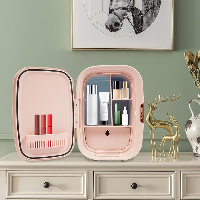GDIFLS 12L Mini Cosmetic Fridge - Pink/White Skincare Cooler for Makeup & Perfumes, Compact Skincare Refrigerator with LED Light & Adjustable Shelves, 110V Beauty Fridge (Pink)