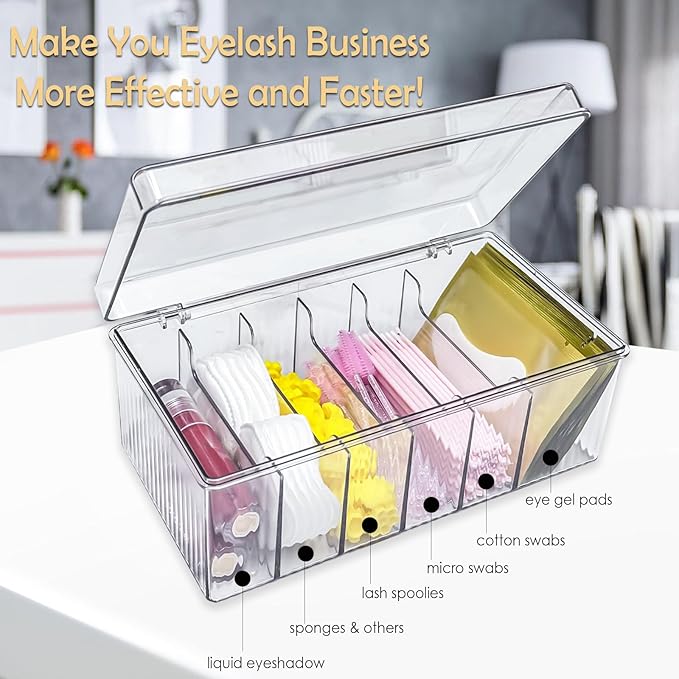 Acrylic Lash Extension Organizer with Lid, 6 Compartment Lash Cart Storage for Lash Techs, Clear Secure Lid Eyelash Supplies Organizer for Salon & Home Use