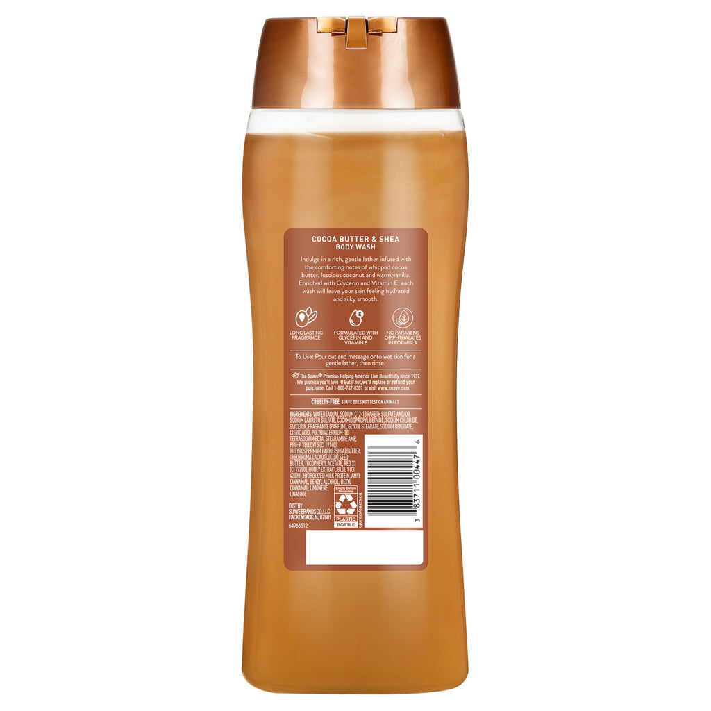Suave Moisturizing Body Wash, Cocoa Butter and Shea with Vitamin E Extract, No Parabens, No Phtahaltes, 18 Oz Pack of 6