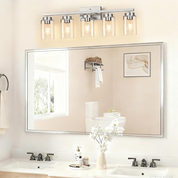 IZORRO Modern Bathroom Light Fixtures, 5 Light Brushed Nickel Vanity Lights, Bathroom Lighting Fixtures Over Mirror with Clear Glass for Living Room Cabinet Bedroom