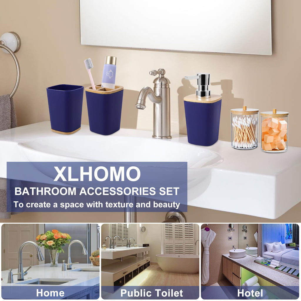 Bathroom Accessories Set, 9 Piece Navy Blue Bathroom Accessory Set with Trash Can,Toothbrush Holder,Toothbrush Cup,Lotion Soap Dispenser,Vanity Tray,Soap Dish,Toilet Brush,Qtip Holder