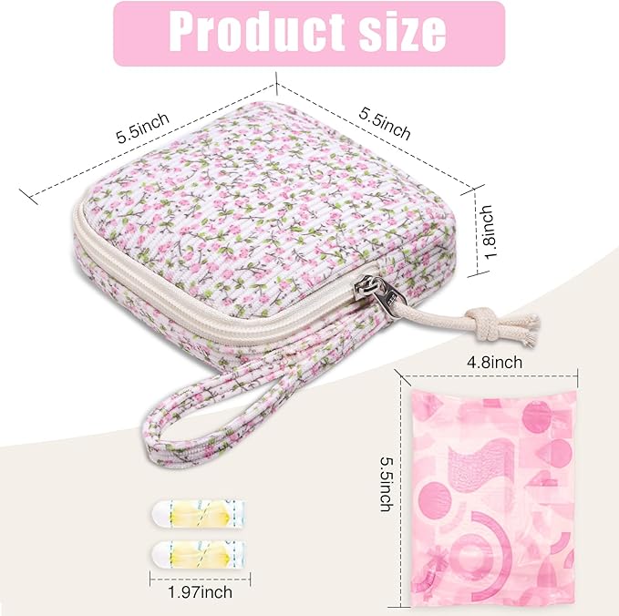 Chicarries Small Makeup Bag | Discreet Period Bag Pad Pouch for Purse | Sanitary Napkin Storage & Tampon Holder for Travel (Flower Pink)