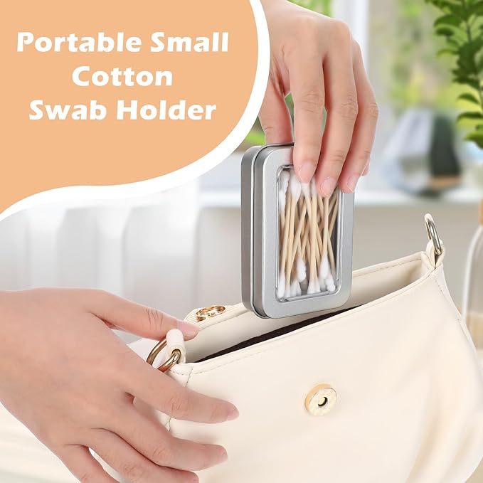 FNANJWQ 4Pcs Travel Cotton Swab Holder, Portable Floss Pick Holder, Metal Cotton Ball Holders for Dental Floss, Clear Dustproof Travel Qtips Case with Lid, Hair Ties Small Items