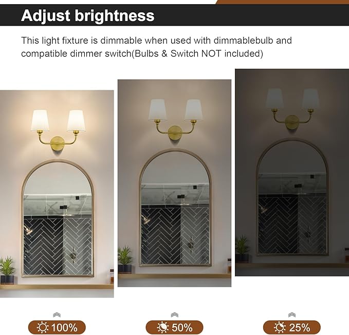 Bathroom Vanity Light, Brushed Gold Bathroom Light Fixtures, 2-Light Lighting Fixtures Over Mirror, Modern Wall Sconce with Flared White Fabric Shade, E26 Socket(ETL Listed)