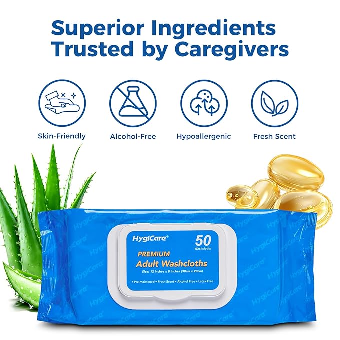 HygiCare Adult Washcloths Body Wipes 250 Count Fresh Scent 12"x8" Flip Top, Strong Yet Soft, Perfect for Incontinence Cleansing, Clinic, Nursing Home, Hospital, Camping, Travel, Gym