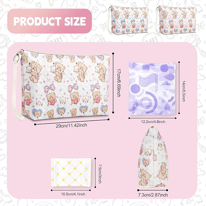 Playexen Period Bag for Teen Girls, Quilted Sanitary Napkin Storage Bag, Cute Bears Menstrual Pad Pouch Tampon Holder (Large-Pink)