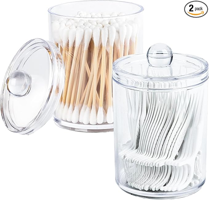 Emlim Clear Bathroom Organizer with Lid - 2-Pack Cotton Ball and Cotton Swab Storage Tins for Vanity Storage