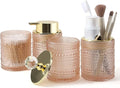 DASITON Bathroom Accessories Set,4Pcs Glass Bathroom Counter Set with Foaming Soap Dispenser,Toothbrush Holder,Bathroom Tumbler,Cotton Swab Jars, for Vanity Bathroom Decor(Pink A)