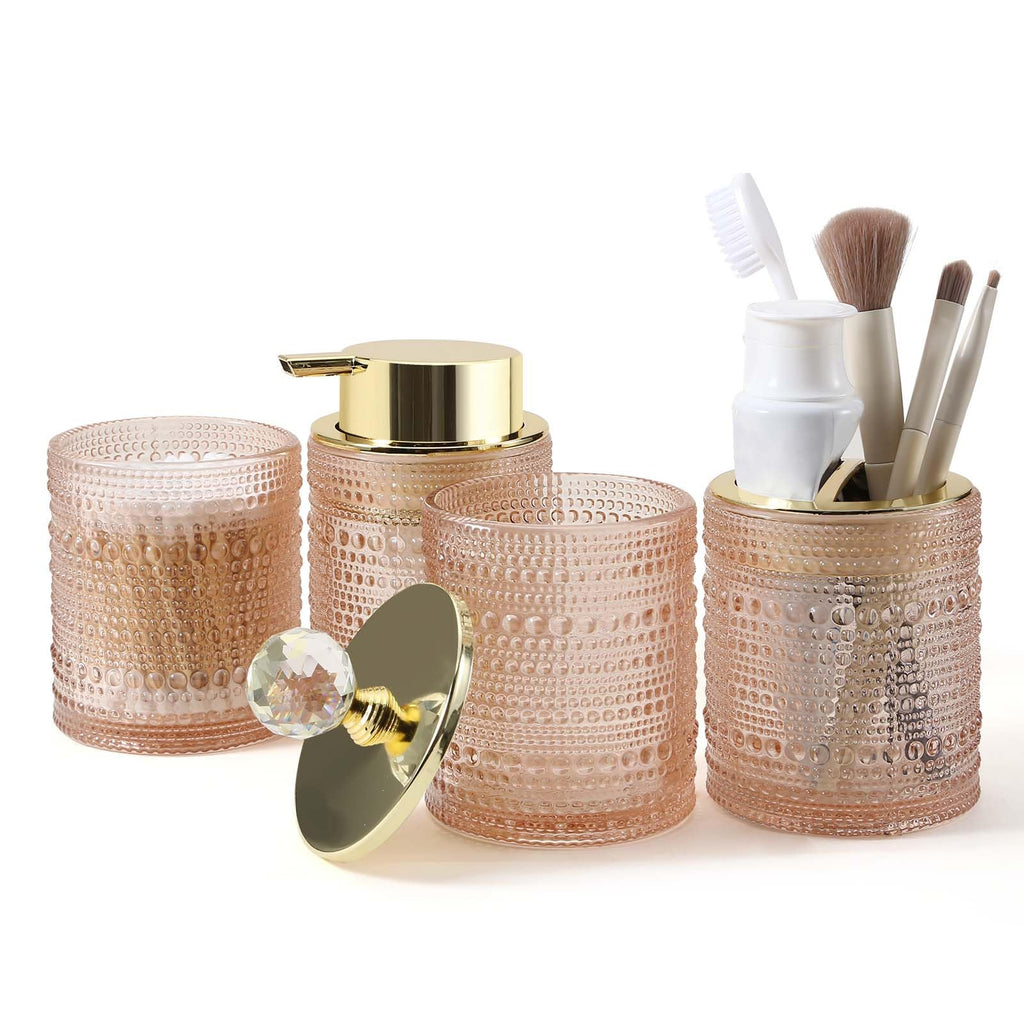 DASITON Bathroom Accessories Set,4Pcs Glass Bathroom Counter Set with Foaming Soap Dispenser,Toothbrush Holder,Bathroom Tumbler,Cotton Swab Jars, for Vanity Bathroom Decor(Pink A)