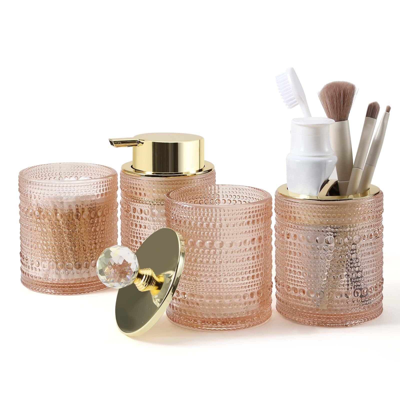 DASITON Bathroom Accessories Set,4Pcs Glass Bathroom Counter Set with Foaming Soap Dispenser,Toothbrush Holder,Bathroom Tumbler,Cotton Swab Jars, for Vanity Bathroom Decor(Pink A)