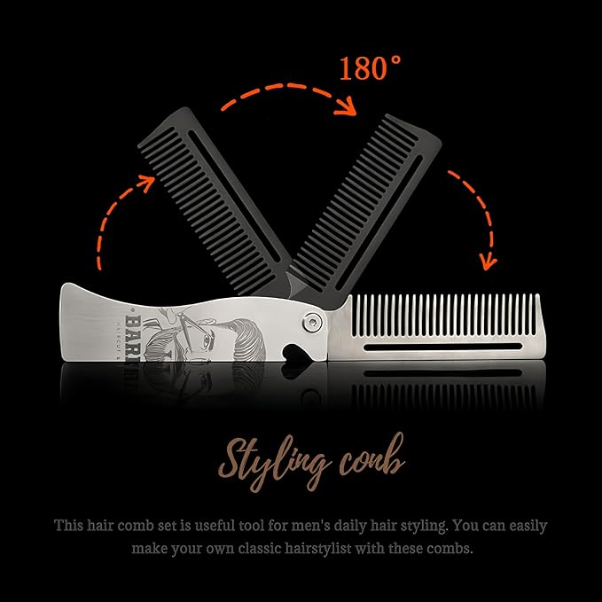 Metal Beard Comb for Men, Folding, 201 Steel, Laser-Etched Handle, 0.17lb