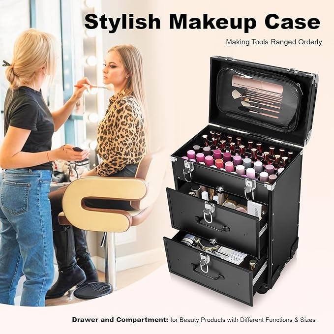 SuiYuLn Lockable Makeup Train Case,110lbs Rolling Hairdressing Trolley,Beauty Salon Cosmetic Luggage with Universal Wheels for Hair Stylist,Make-up Artists,Hairdressers (Black 5)