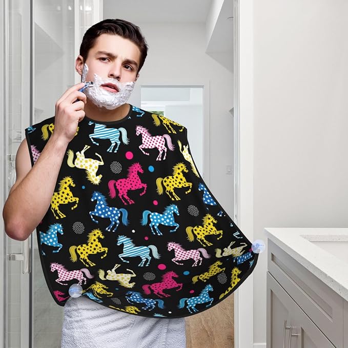 Beard Bib Apron for Men Shaving, Waterproof Non-Stick Hair Catcher with Suction Cups, Grooming Essential for Dad Husband, Colorful Stars Dots Stripes Horse Black Shave Bib