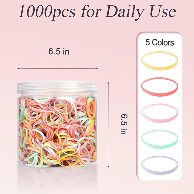 1000pcs Mini Hair Rubber Bands, Soft & Durable Plastic Elastic Hair Ties for Little Girls, Stretch Ponytail Ties for Kids Hairstyles and Braids
