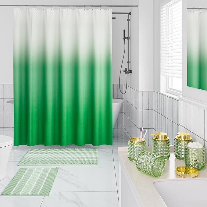 XLHOMO Bathroom Sets with Shower Curtain and Rugs and Accessories, Glass Bathroom Accessories Set Green Bathroom Set Bathroom Sets, Green Bath Mat and Diamond Soap Dispenser for Bathroom Decor