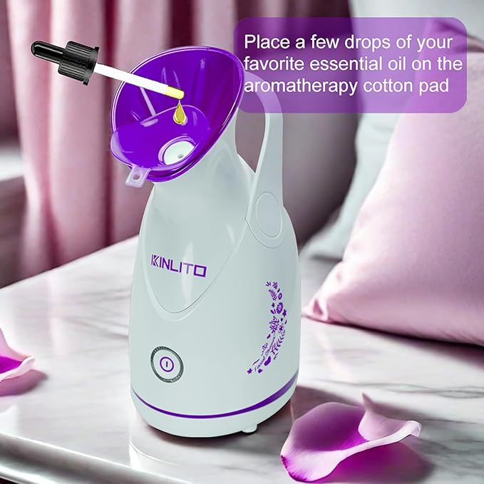 Nano Ionic Facial Steamer KINLITO Facial Steamer with Warm Mist Portable Face Humidifier for Deep Cleaning Unclog Pores with Blackhead Remover, Aromatherapy Kit for Personal Home SPA (Purple)