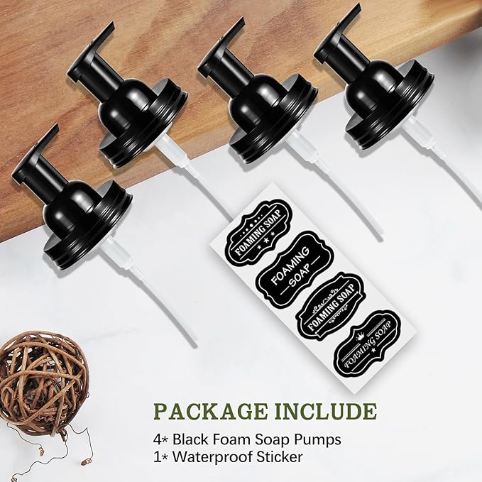 Amolliar Mason Jar Foaming Soap Dispenser Lids, Plastic Foam Pump Lids for Regular Mouth, Foaming Replacement Pump Set, Farmhouse Kitchen BathroomShower, Includes Waterproof Stickers - 4 Pack, Black