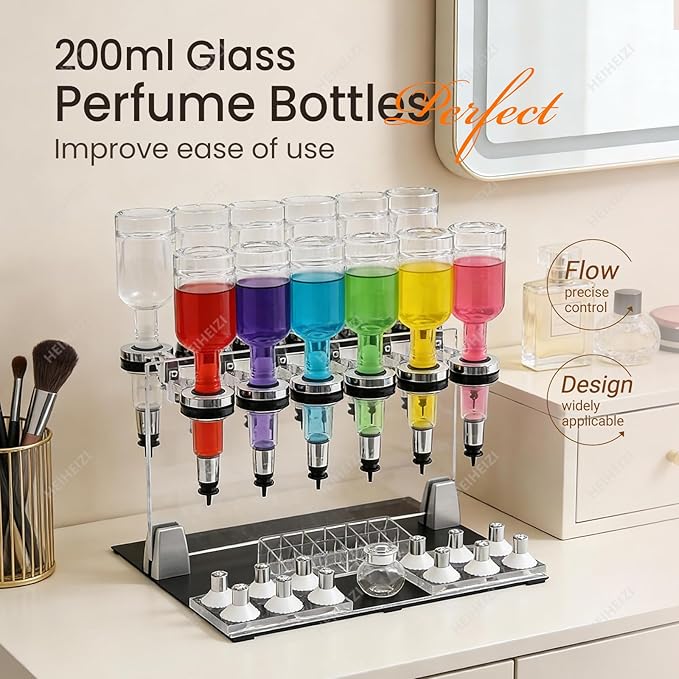 HEIHEIZI Manual Liquid Filling Machine Transfer Tools Kit 12 Bottles, Adjustable Perfume Dispenser Kit, with 12 Pump Heads & 12 Testing Cups, for Perfume Store Studio Salon Bar