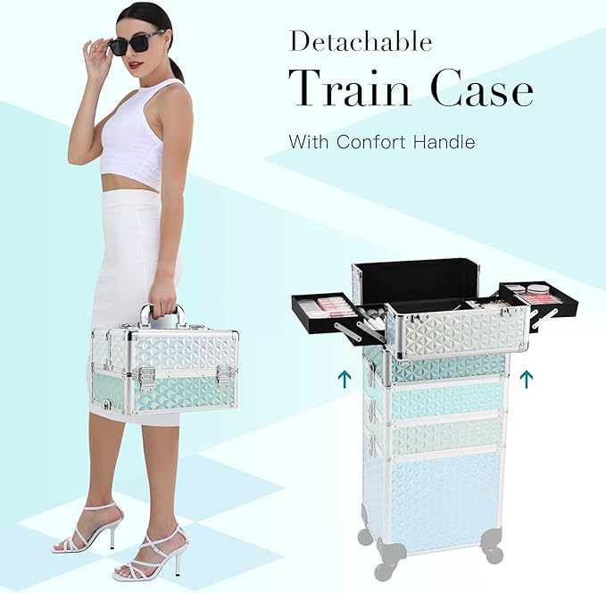 Adazzo Professional Rolling Makeup Train Case 4 in 1 Aluminum Trolley Case with 360° Rotation Wheels for Makuep Artist Cosmetic Suitcase Organizer with Lock and Key Diamond Pattern - Turquoise