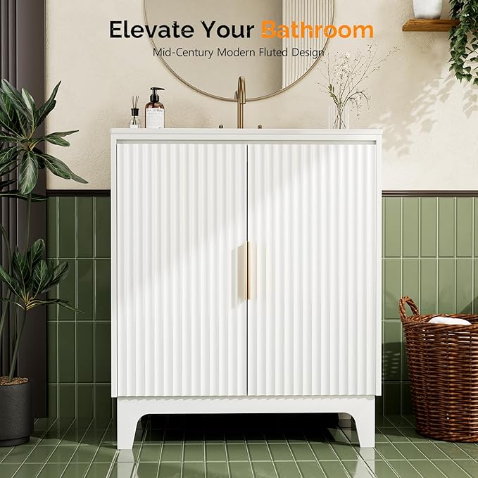 VINGLI 30 Inch Bathroom Vanity with Sink, Modern White Freestanding Cabinet with Ceramic Top, Fluted Soft-Close Doors & Gold Handles, U-Shape Storage for Small Bathroom