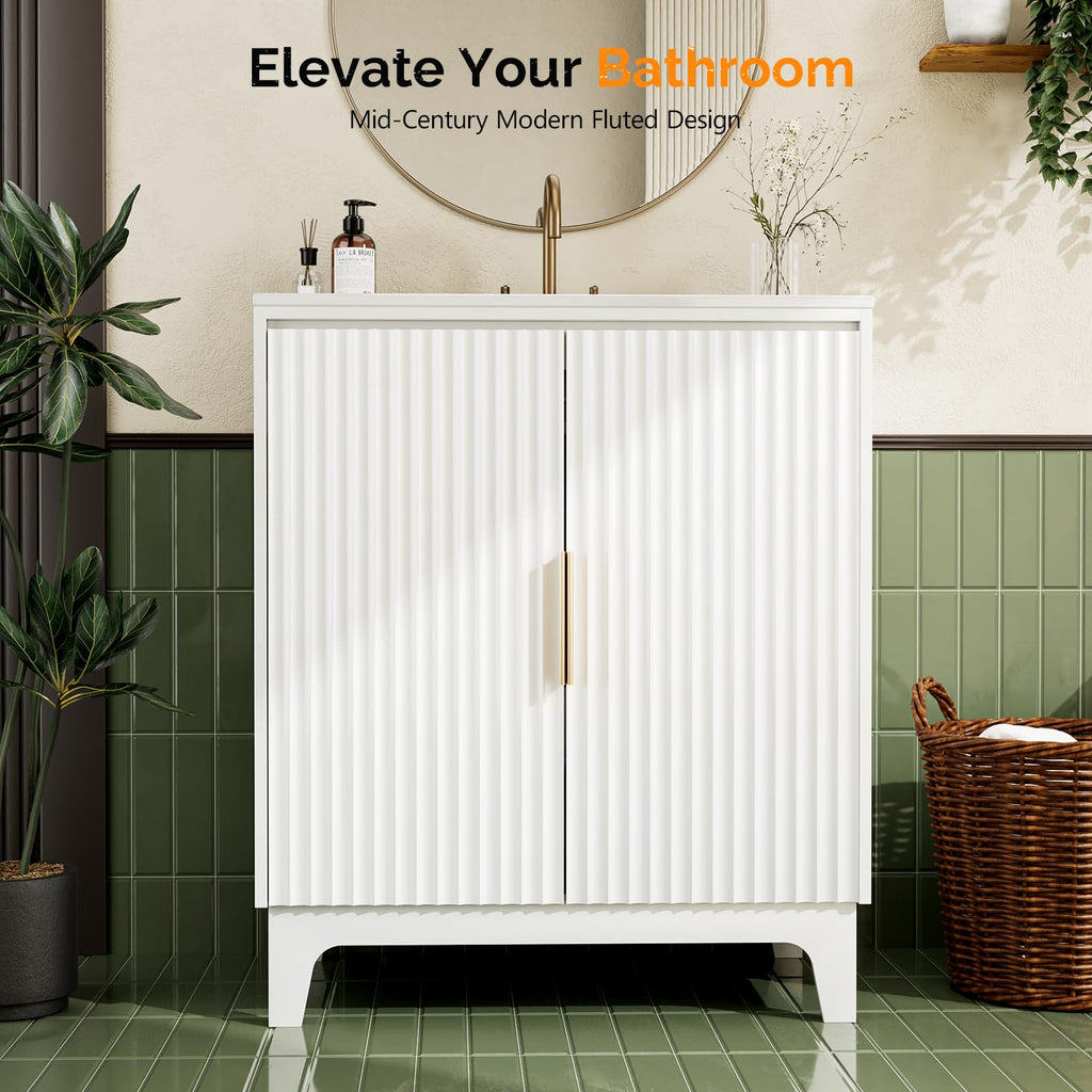 VINGLI 30 Inch Bathroom Vanity with Sink, Modern White Freestanding Cabinet with Ceramic Top, Fluted Soft-Close Doors & Gold Handles, U-Shape Storage for Small Bathroom