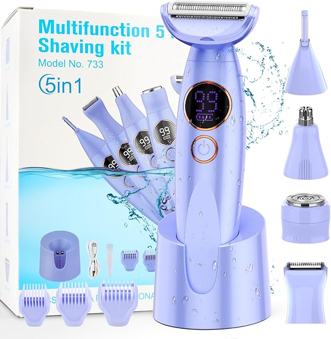 5 in 1 Bikini Trimmer for Women,IPX7 Waterproof Cordless Replaceable Pubic,Eyebrow,Facial Electric Razors&Nose Hair Trimmer&Painless Body Shaver for Arms Legs Underarms,USB Charge,LED Display,Wet&Dry