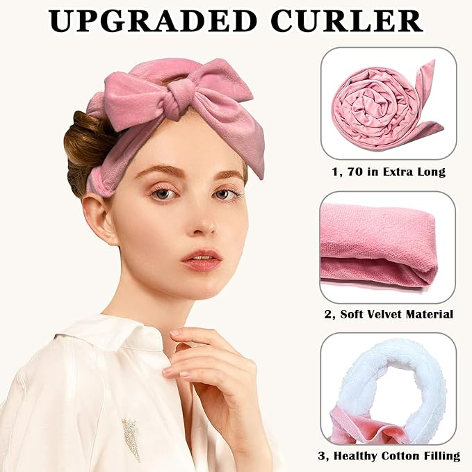 Gwabee No Heat Overnight Curl Headband, 70" Soft Ribbon Curl Wrap for Long Hair - 9 PCS Rods Set with Bonnet, Pink