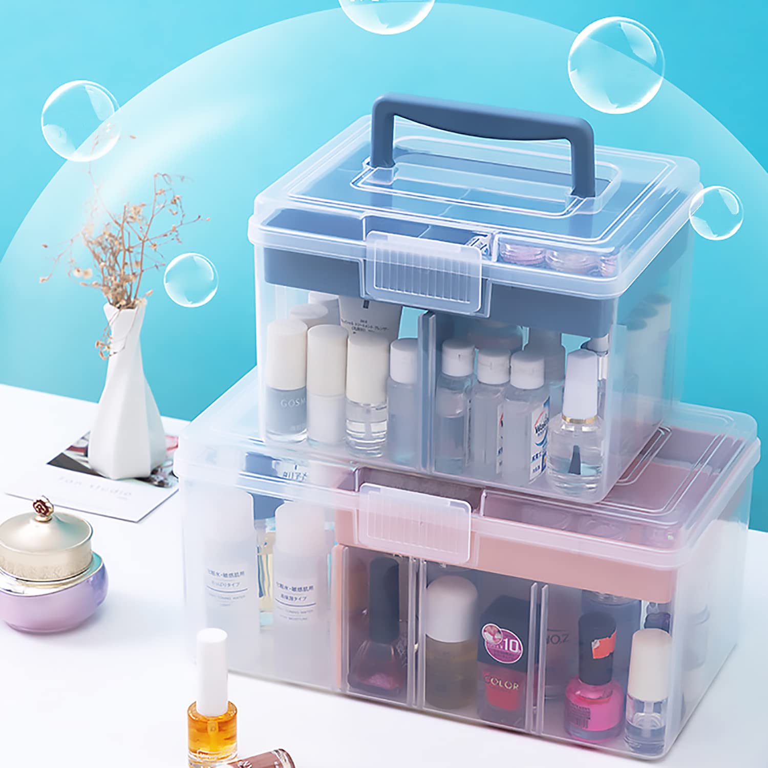 FOREVERIE Clear Small Plastic Storage Box with Handle & A Removable Tray & Adjustable Divider, Kids Students Children Art Box, Desk Organiser Case, Medicine Storage Box (Clear & Ocean Blue)