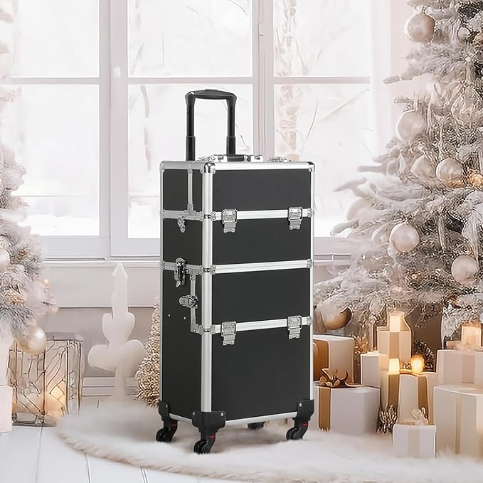 Yaheetech Rolling Makeup Train Case, Cosmetology Nail Organizer, Black