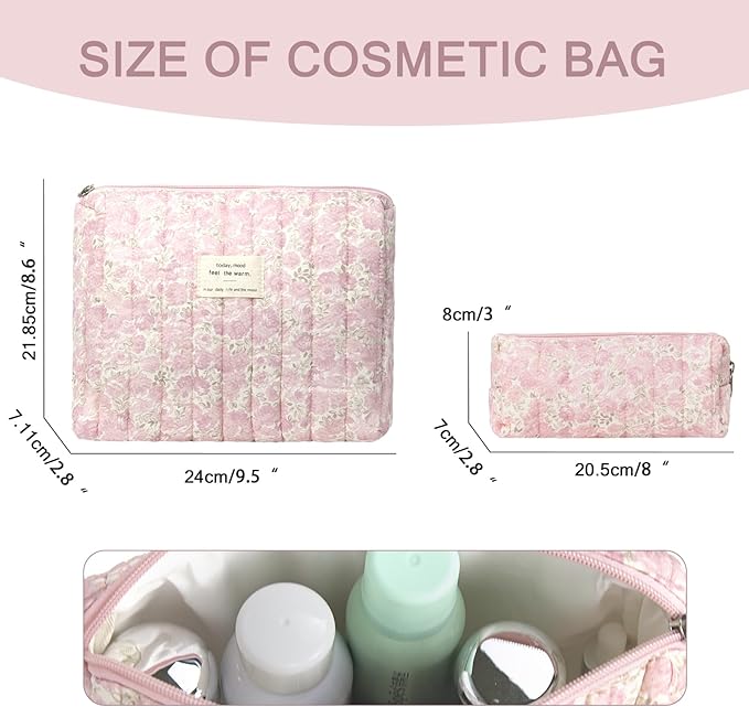 Gosect 2PC Makeup Bag Set, Cute Cosmetic Bag for Women Girls, Floral Coquette Aesthetic Toiletry Bag, Travel Make Up Organizer Bag (Pink Flower)