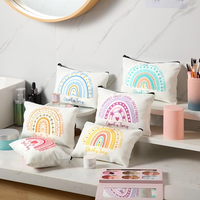 Sweetude 12 Pcs Girls Trip Makeup Bags Bulk Girls Weekend Gifts Rainbow Makeup Bag Portable Travel Cosmetic Bags with Zipper Bachelorette Travel Storage Pouch for Women Friendship Bestie Party Favors