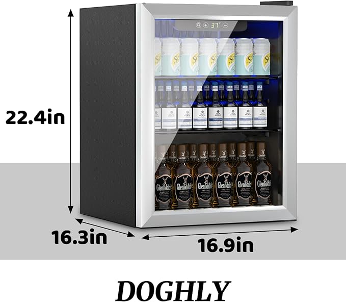 DOGHLY 1.7 Cu.ft Beverage Refrigerator Cooler, 72 Cans Mini Fridge with Glass Reversible Door, Digital Temperature Display for Soda, Beer or Wine For Office or Bar with Removable Shelves