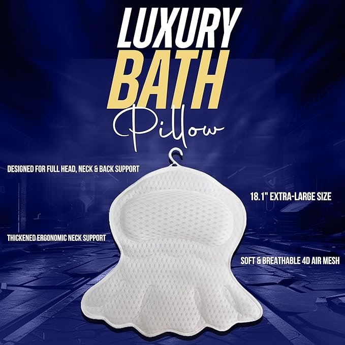 Luxury Bath Pillow for Tub – 4D Air Mesh Cushions with Non-Slip Suction Cups – Extra Soft Bathtub Headrest for Head, Neck & Back Support – Machine Washable Spa Bath Accessories Gift – White