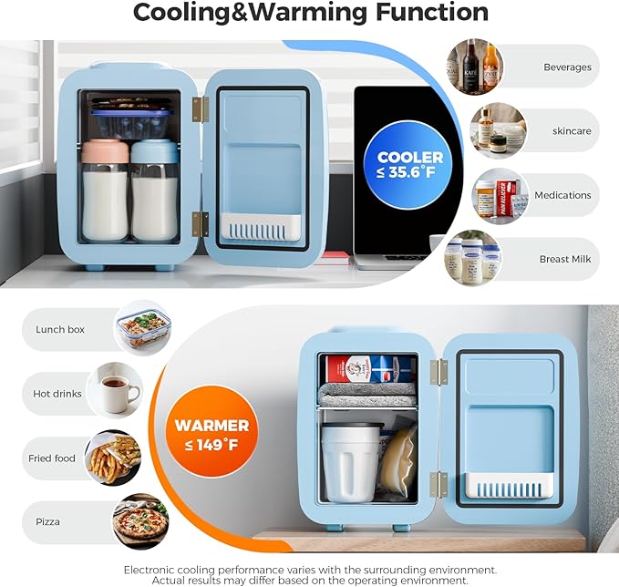 YASHE Mini Fridge, 4 Liter/6 Can Mini Makeup Fridge, 110V AC/ 12V DC Portable Thermoelectric Cooler&Warmer for Skincare, Drink, Cosmetic, Medicine, Small fridge for Bedroom, Office, Dorm, Car, Blue