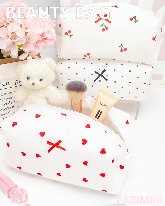 PAZIMIIK Cozy Makeup Bag for Women,Zipper Cosmetic Pouch,Gauze Heart